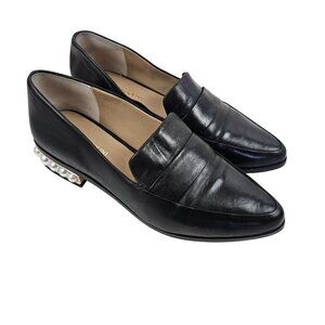 Enzo Angiolini Black Leather Loafers With Pearl Embellished Heels Womens Size 7M